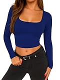 Picture of ForeFair Womens Square Neck Long Sleeve Crop Top Basic Going Out Top Tight Shirts Double Lined Tee(L,Royal Blue)