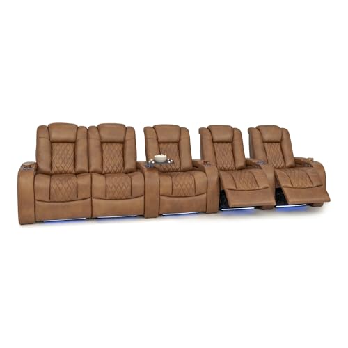 Seatcraft Virtuoso LT Tawny Italian Leather Home Theater Seating, Zero Gravity Power Recliner, Heat and Massage, Powered Headrest and Lumbar Gaming and Home Office Chair, Row of 5 Dual Loveseats