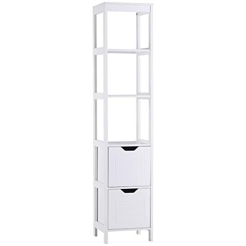 kleankin Meuble Colonne de Salle de Bain Armoire Haute Meuble Rangement avec 3 étagères et 2 tiroirs en Bois - 30 x 30 x 144 cm
