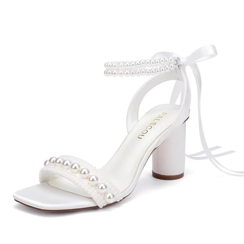 Block Heel Wedding Sandals Pearl Heels Wedding Shoes for Bride Open Toe Bridal Shoes