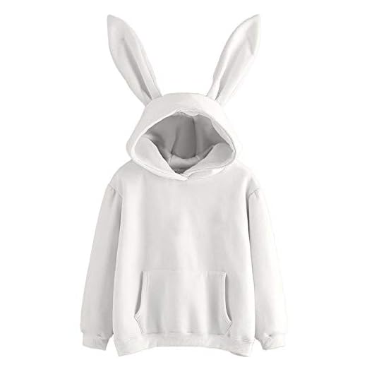 Aniywn Blusa feminina de outono com capuz de coelho, blusa, macia, quente, manga comprida, pulôver, Branco, GG