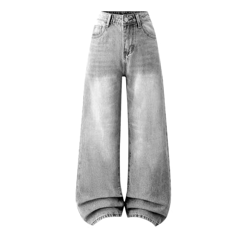 Kids Wide Leg Casual Washed Jeans Elastic Waist Stretchy Loose Denim Pants for Boys Girls 12-16 Years with Pockets
