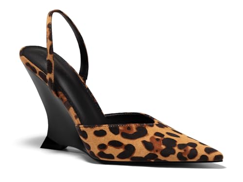 Coutgo Womens Slingback Wedge Heels Closed Pointed Toe D'Orsay Pumps Slip On Work Dress Shoes,Leopard Print,Size 10