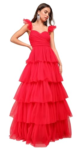 LVNES Tiered Prom Wedding Dress Spaghetti Strap Birthday Gown Flutter Sleeves for Homecoming Graduation Party