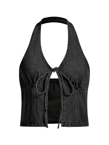 SOLY HUX Women's Y2k Denim Halter Top Summer Backless Tie Front