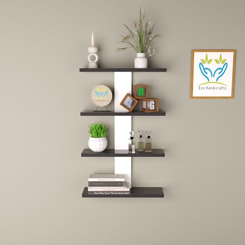 Image of Wooden Wall Mounted Floating Rack Shelves Book Stand Display Hanging Shelf Living Room Bedroom Storage Home Office for Decoration Showcase (Black White)