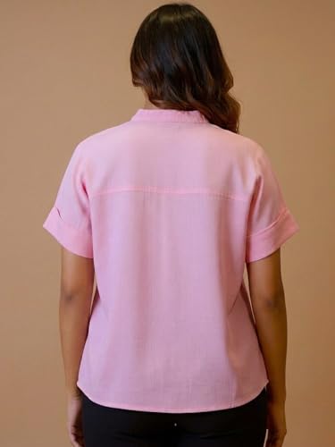 Image of Maaesa Women Solid Rayon Mandarin Neck Regular Fit Top | Short Sleeves | Lightweight & Breathable | Casual Wear & Office Wear