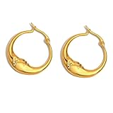 Pendientes Huggie de luna creciente, acero inoxidable en tono dorado con cara de retrato abstracto, aros seguros de 2,8 cm, joyería artística regalo para cumpleaños de mujer, Medium, Acero inoxidable