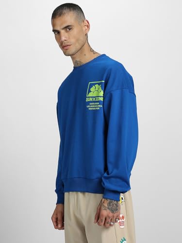 Image of Veirdo Cotton Polly Fleece Oversized Fit Blue Graphic Sweatshirt for Men