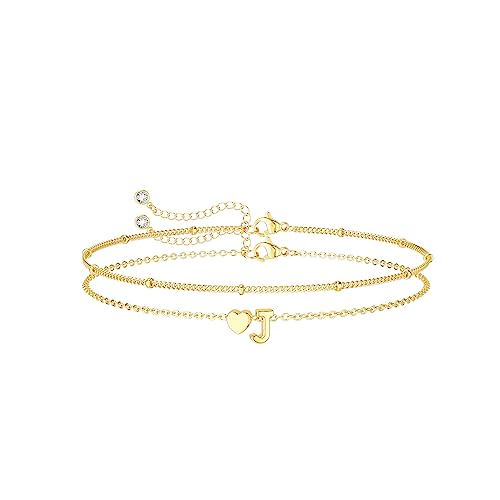 DEARMAY Dainty Initial Heart Gold Bracelets for Women Trendy, 14K Real Gold Letter Charm Bracelet Jewelry Cute Simple Fashion Chain Bracelets for Women Gift J