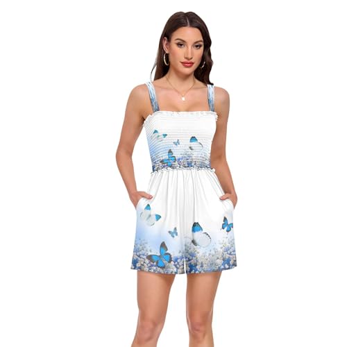 Barboteuse femme bleue pour éviter la chaleur, tenue d'été à col carré fleurie