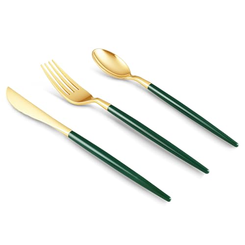 150 PCS Green Gold Plastic Utensils for 50 Guests, Gold Disposabl...