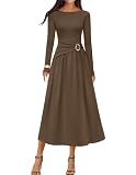MEROKEETY Women's 2025 Fall Long Sleeve Midi Dress Elegant Boat Neck Ruched Swing Cocktail Party Dresses, Brown, Medium