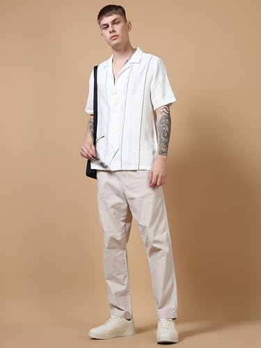 Image of StitchX Men's Half Sleeve Textured Cotton Contrast Stitch Detail Shirt