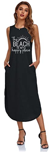Image of Women's Casual Beach Summer Dresses Sleeveless Graphic Long Sundress Cover Up Dresses with Pocket