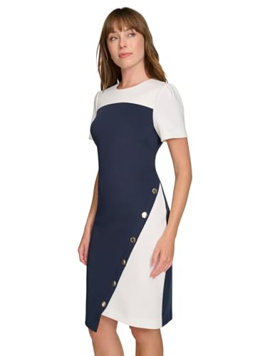 Image of Tommy Hilfiger Women's Short Sleeve Jewel Neck Colorblock Studded Asymmetrical Hem Crepe Mini Dress