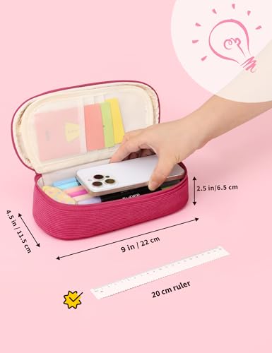 Image of SUNEE Cute Pencil Case, Large Pencil Pouch, Soft Corduroy Fabric Big Pencil Bag with Zipper, Kawaii Pen Bag Stationery Storage and Organizer, School Supplies for Teen, Student, Boys, Girls, Berry Pink