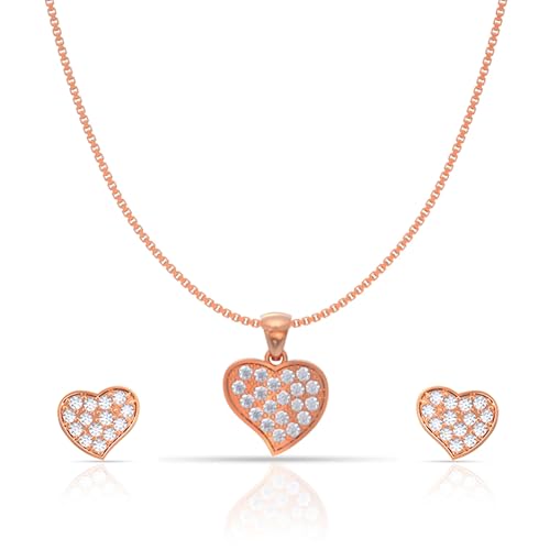 Image of 925 Sterling Silver Rose Gold Plated Pendant Set for Women | Heart & Floral Design Necklace with Matching Earrings | Elegant Jewellery Gift for Girls, Wife, Girlfriend