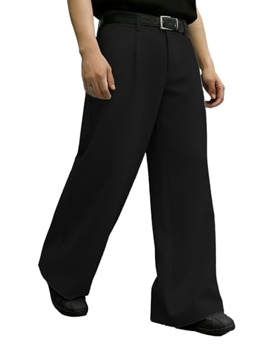 Image of FEDTOSING Mens Baggy Wide Leg Trousers Pleated Loose Fit Linen Dress Casual Pants Oversized Y2K Stylish Black Trouser
