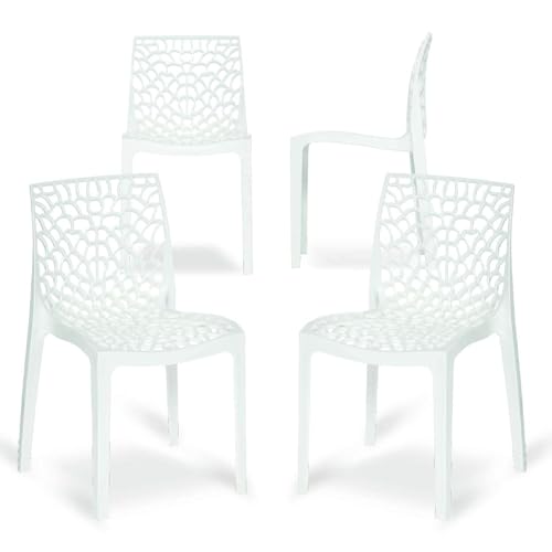 Image of Binani Web Designer Plastic Chair for Home, Office and Restaurant and Cafe|Armless Chair for Dining Room| Heavy Duty Outdoor Plastic Chair | Designer Balcony Chair (4, White)