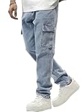 JMIERR Men's Cargo Jeans Elastic Waist Denim Pants Multi Pockets Trousers Relaxed Fit for Outdoor Activities, 32, Sky Blue