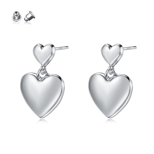 DHZJTSL 925 Sterling Silver Heart Earrings for Women, Dangle Double Love Heart Fashion Stud Earrings Hypoallergenic Jewelry