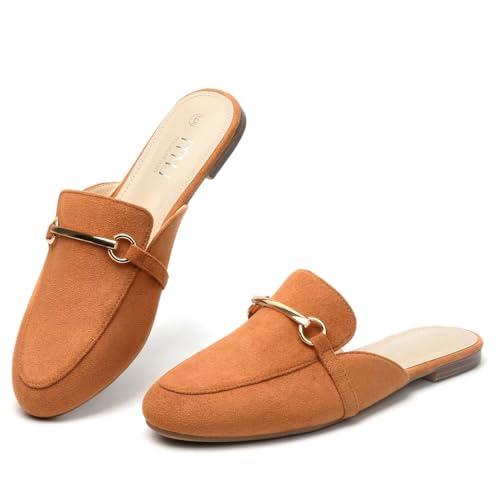Image of MUSSHOE Gold Buckle Mules for Women - Comfortable Memory Foam Loafers, Classy Slip On Flats for Office Business Casual, Dressy Pointed Toe Shoes