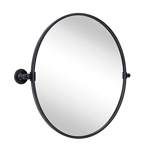 Image of Round Pivot Bathroom Mirror Black Circle Metal Framed Tilting Vanity Mirrors for Wall, Overall 27.98 x 24 inches (Mirrror 24 x 24 inches)