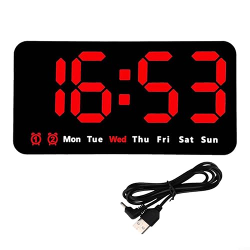 VersaGenius Horloge murale numérique rectangulaire multifonction à LED avec affichage de la température (rouge)