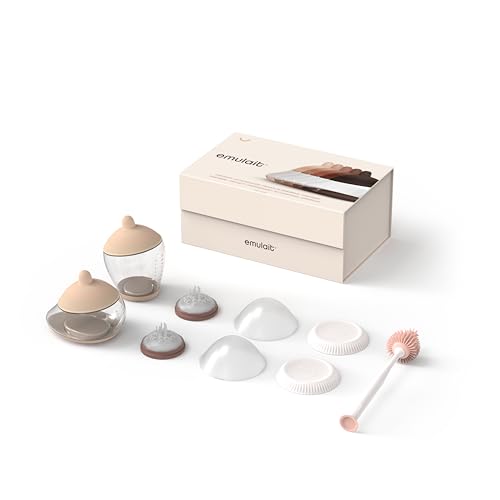 Image of Emulait Baby Bottle Starter Kit Includes 2 Bottles 2 Nipples 2 Caps 2 Lids 2 Responsive Flow Valves, Cleaning Brush - Fair - Shape 1-RFV