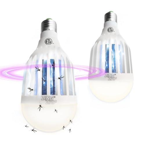 ZingZap 2 Pack Dual-Function Mosquito Zapper Bulb Bug Zapper LED Light Bulb, Three Lighting Modes LED/UV, Electric Zapper Kills Bugs on Contact, Standard Bulb Sockets for Indoor or Outdoor