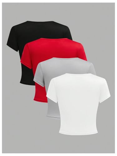 Girl's 4 Pack Slim Fit Crop Tops Short Sleeve Crewneck Summer Shirts Tops Basic Layer Tees2