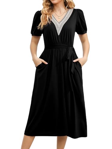 Women's Summer Elegant Short Sleeve V-Neck Double Pockets Dresses Casual Midi Length Flared A Line Dress with Belt 708