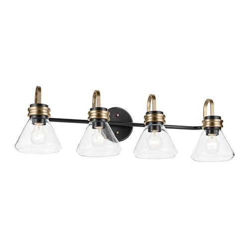 Image of Kichler Farum 34 inch 4-Light Bathroom Vanity Light Fixture with Clear Glass in Black, Modern Wall Mount Over Mirror for Single or Double Vanity (34 inch W x 9.5 inch H), 55156BKCLR