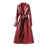 Wvapzxx Damen-Winter-Lederjacke, Lockerer Langer Mantel, Verstellbare Taille, Schaffellmantel