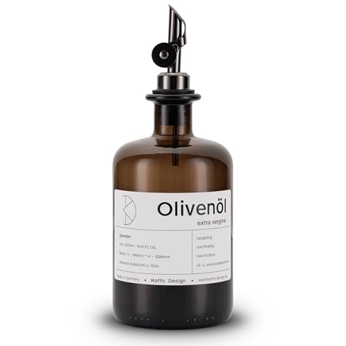 Koffs Design Ölflaschen zum Befüllen - Moderner Ölspender aus Braunglas mit Edelstahl Ausgießer – Spender für Öl und Essig - individuell bedruckbare Flaschen für jeden Inhalt - 500ml - Olivenöl