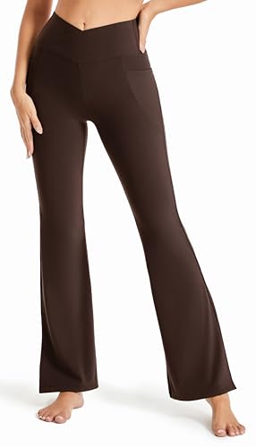 Image of Maxbee Flare Yoga Pants with Pockets for Women, V Crossover Flare Leggings Tummy Control, High Waist Bootcut Yoga Leggings