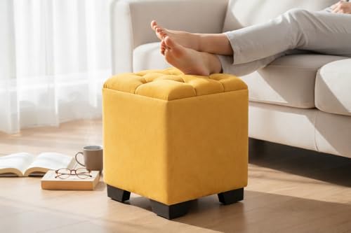 Image of Velvet Cube Ottoman | Seating Stool for Living Room | Soft Cushioned Footrest Stool with Durable Plastic Legs | Multipurpose Seating, Side Table & Pouffe Home Decor, 12x12x14 inch (Yellow)
