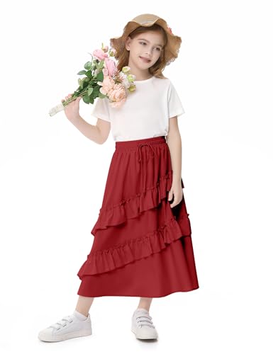 Image of Girls High Waisted Ruffle Maxi Skirt Soft Cotton Long Skirts with Elastic Waistband for Kid Girl 3-12 Years