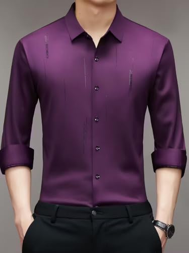 Image of IndoPrimo Men's Regular Fit Satin Designer Shirt with Stylish Vertical Line Sequence | Long Sleeve Formal & Casual Button Down Shirt for Casual and Party Look