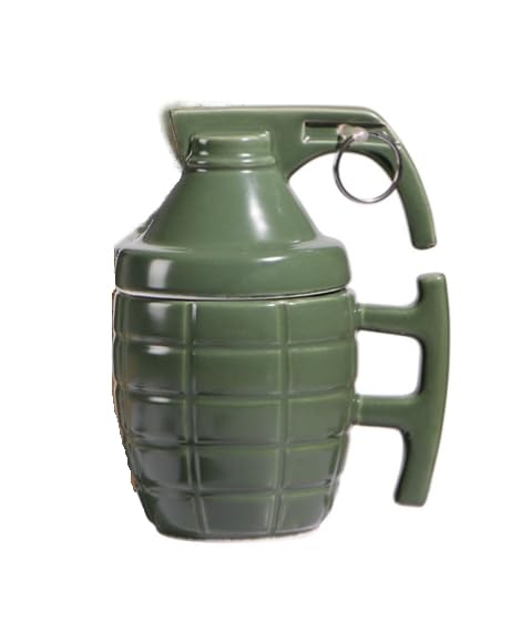 Hyzone Creative Ceramic Grenade Mug With Lid - Military-style Embossed Daily Water and Coffee Cup (Green)