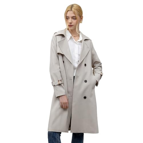 NXBC Trenchcoat Damen Herbstmantel mit Gürtel Knielang Reverskragen Doppelreihig Damenmantel Übergangsmantel für Frühling & Herbst Beige Hellbeige Elegant für Büro & Alltag