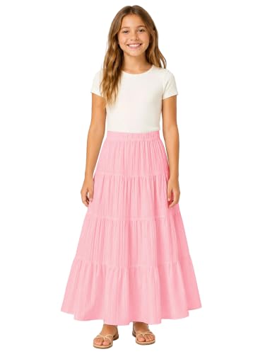 Image of Girls Tiered Maxi Skirt Boho Flowy Peasant Long Skirt for Kid 7-14