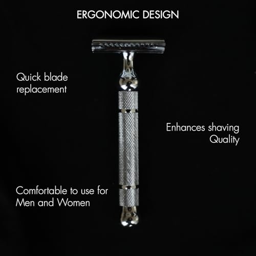 Image of Pink Woolf CC87 Safety Razor for Men | Double Edge Close Comb with 10 Blades | Chrome Metal Single Blade Shaver for Sensitive Skin & Daily Wet Shaving | Beginner Friendly Anti-Slip Handle