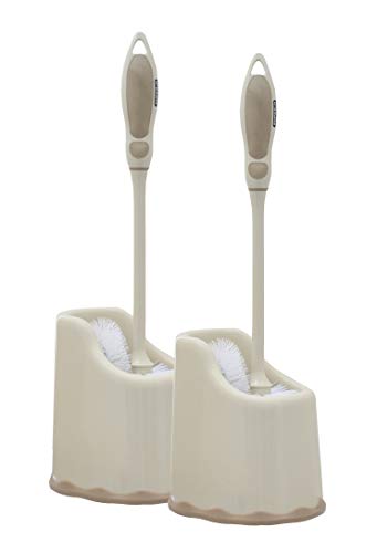 Image of Superio Toilet Bowl Brush and Holder with Under Rim Cleaner for Bathroom, Toilet Brush and Caddy with Non Scratch Bristles and Under Rim Lip Brush, Beige (2 Pack)