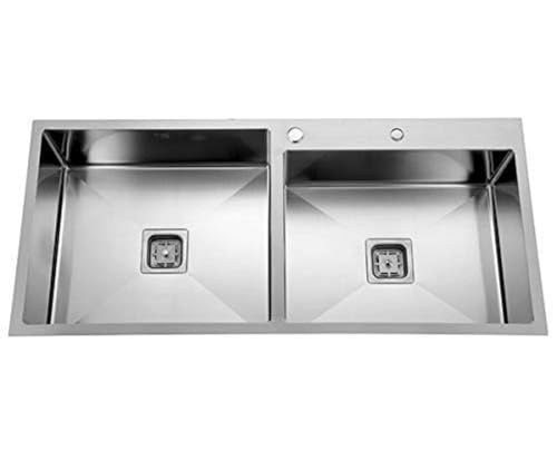 Image of HAPPY HOMES Stainless Steel Satin Finish 304 Grade Double Bowl Kitchen Sink (32 inchX18 inch Tap Hole), Silver