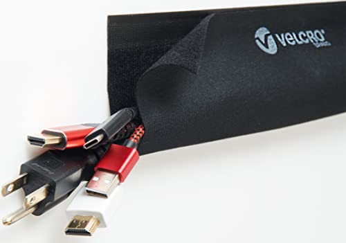VELCRO Brand VEL-30797-USA Mountable Cable Sleeve | Cord Management Mounts on Walls, Desk or Entertainment Center | Removable Adhesive is Damage Free | 12in Black, 2pk, 12in-2Pk