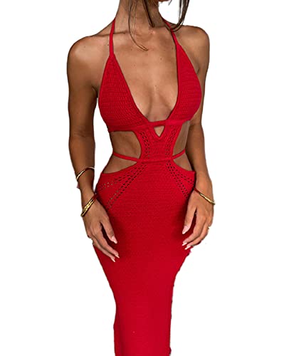 Image of NUFIWI Women Backless Hollow Out Long Dress Sexy Knitted Maxi Dress Bodycon Spaghetti Strap Cocktail Party Midi Dress