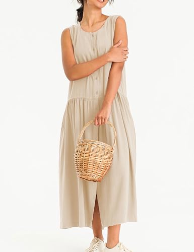 Image of Bozanly Summer Sleeveless Maxi Dress for Women Button Down Midi Dresses with Pockets Solid Color Loose Flowy Beach Dress 2025