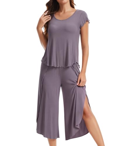 Image of NACHILA Women's Pajamas Set-Viscose Made from Bamboo,Short Sleeve Sleepwear Soft Pjs with Capri Pants Loose Loungewear